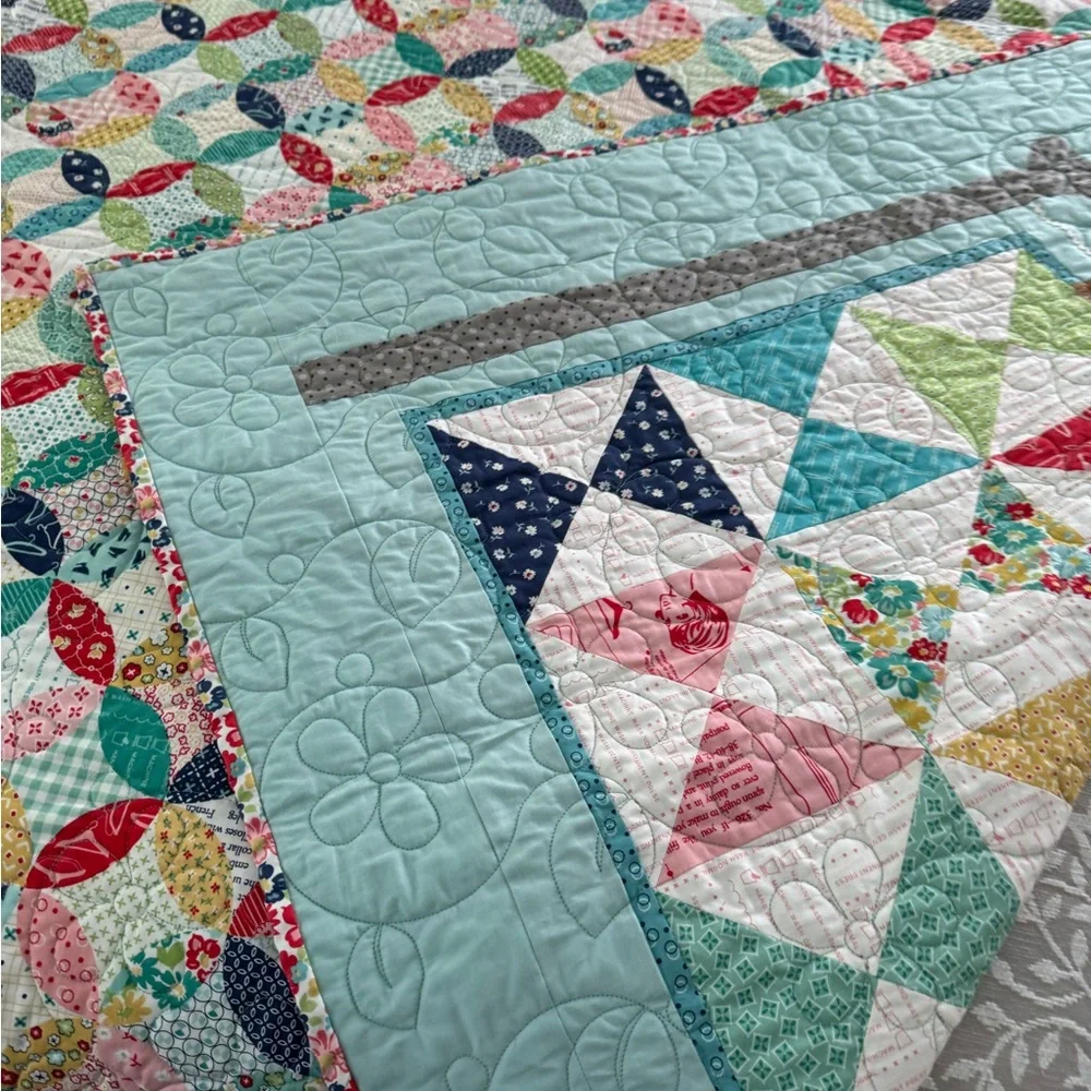 Homemade Aqua Blue Quilted Folk Art Quilt with Geometric Patterns - Picture 7 of 10